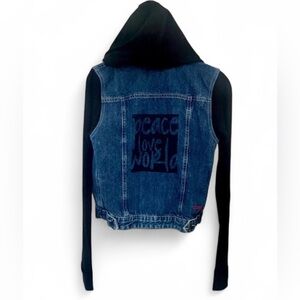 PEACE LOVE WORLD Blue Denim Jean Hooded Jacket Black Hoodie Women’s XS Y2K BOHO